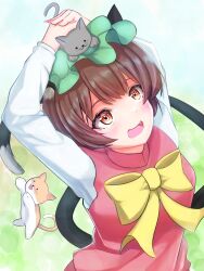 Rule 34 | 1girl, :d, absurdres, animal, animal ear fluff, animal ears, animal on head, arms up, blush, bow, bowtie, breasts, brown eyes, brown hair, cat, cat ears, cat tail, chen, commentary request, fang, fingernails, from above, happy, hat, highres, kanaoki, kitten, light blue background, long fingernails, looking up, mob cap, multiple tails, nail polish, nekomata, on head, open mouth, pink nails, playing, red vest, short hair, simple background, small breasts, smile, solo, tail, touhou, two tails, vest, yellow bow, yellow bowtie