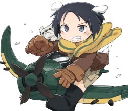 Rule 34 | 10s, 1girl, aircraft, airplane, animal, animal ears, bandaid, bandaid on face, black hair, blue eyes, blush, boots, brave witches, brown gloves, bulldog, chibi, dog, dog ears, dog tail, fang, futenesira, gloves, grin, jacket, kanno naoe, long sleeves, riding, scarf, shiraba (sonomama futene), short hair, simple background, smile, solo, strike witches, tail, white background, world witches series