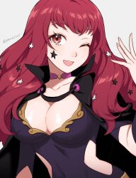 Rule 34 | 1girl, bare shoulders, black cape, blush, bodysuit, breasts, cape, cleavage, clothing cutout, fire emblem, fire emblem engage, hair ornament, highres, large breasts, long hair, looking at viewer, nintendo, one eye closed, open mouth, peach11 01, red eyes, red hair, side cutout, smile, solo, star (symbol), star hair ornament, white background, yunaka (fire emblem)