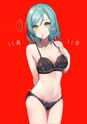 Rule 34 | ..., 1girl, absurdres, aqua hair, arm behind back, bang dream!, bare arms, bare shoulders, black bra, black panties, blush, bow, bow bra, bow panties, box, bra, braid, breasts, cleavage, closed mouth, collarbone, cowboy shot, dated, floral print, food, food in mouth, frilled bra, frills, green eyes, groin, hair between eyes, hair bow, hand up, highres, hikawa hina, holding, holding box, lifting own clothes, looking at viewer, medium breasts, medium hair, mia (fai1510), mouth hold, navel, panties, pocky, pocky day, print bra, print panties, red background, rose print, simple background, solo, speech bubble, standing, stomach, strap lift, swept bangs, twin braids, underwear, underwear only, yellow bow