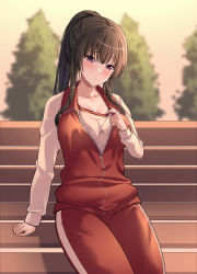 Rule 34 | 1girl, absurdres, alternate hairstyle, arm at side, bang dream!, bench, black hair, blurry, blurry background, blush, breasts, cleavage, clothes pull, commentary, cowboy shot, evening, hair between eyes, hand up, head tilt, highres, jacket, large breasts, long hair, long sleeves, looking at viewer, multicolored clothes, multicolored jacket, on bench, outdoors, pants, parted lips, partially unzipped, ponytail, ptal, pulled by self, purple eyes, raised eyebrows, red jacket, red pants, shirokane rinko, shirt, shirt pull, sidelocks, sitting, solo, striped clothes, striped pants, sweat, track pants, tree, two-tone jacket, wet, wet clothes, wet shirt, white jacket, white shirt, zipper pull tab