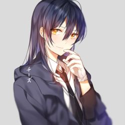 Rule 34 | 10s, 1girl, artist name, bad id, bad pixiv id, black jacket, black necktie, blue hair, chi zu crazy, earphones, gloves, grey background, hair between eyes, jacket, long hair, looking at viewer, love live!, love live! school idol project, necktie, open clothes, open jacket, shirt, simple background, smile, solo, sonoda umi, upper body, white gloves, white shirt, yellow eyes