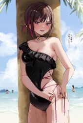 Rule 34 | 4girls, beach, black choker, black hair, black nails, black one-piece swimsuit, blush, breasts, chigusa minori, choker, cleavage, collarbone, commentary request, corrupted twitter file, hair ornament, highres, large breasts, looking at viewer, multiple girls, nail polish, one-piece swimsuit, outdoors, parted lips, purple eyes, purple hair, shino to ren, shirayuki ren, single-shoulder one-piece swimsuit, single bare shoulder, smile, solo focus, swimsuit, thighs, translated, water, wet