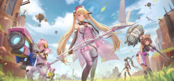 Rule 34 | 4girls, animal ears, bent over, bird, black hair, blonde hair, blush, bodysuit, breasts, brown hair, character request, city, from behind, gloves, goggles, goggles on head, grass, gun, hammer, hat, highres, holding, holding weapon, jay xu, large breasts, long hair, looking at viewer, medium breasts, medium hair, multiple girls, outdoors, palm tree, pink hair, polearm, ponytail, shirt, shorts, sky, smile, spear, tower of fantasy, tree, very long hair, weapon, yellow eyes