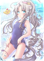 Rule 34 | 1girl, akino coto, animal ears, bad id, bad pixiv id, bird, blue eyes, cat ears, cat tail, chicken, contrapposto, cowboy shot, drill hair, flat chest, highres, looking at viewer, one-piece swimsuit, original, ponytail, revision, school swimsuit, silver hair, solo, standing, swimsuit, tail, water