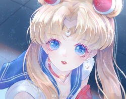 Rule 34 | 1girl, bishoujo senshi sailor moon, blonde hair, blue background, blue eyes, blue sailor collar, blunt bangs, bow, bowtie, breasts, chinese commentary, choker, circle, cleavage, collarbone, collared shirt, commentary request, crescent, crescent earrings, dangle earrings, derivative work, double bun, earrings, eyelashes, flower in eye, hair bun, hair ornament, hair over shoulder, heart, heart choker, jewelry, light blush, lipstick, long hair, looking at viewer, magical girl, makeup, meme, mioda xi, parted bangs, parted lips, red bow, red bowtie, red choker, red lips, sailor collar, sailor moon, sailor moon redraw challenge (meme), sailor senshi uniform, sailor shirt, screencap redraw, shirt, short sleeves, socks, solo, symbol in eye, teeth, tile floor, tiles, twintails, upper body, watermark, weibo logo, weibo username, white sleeves, white socks
