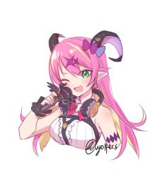 Rule 34 | asymmetrical horns, bare shoulders, blonde hair, bow, breasts, colored inner hair, curled horns, demon horns, headphones, headphones around neck, highres, hololive, horn bow, horn ornament, horns, long hair, mano aloe, medium breasts, microphone, multicolored hair, one eye closed, open mouth, pink hair, signature, solo, uneven horns, virtual youtuber, vyolfers, white background