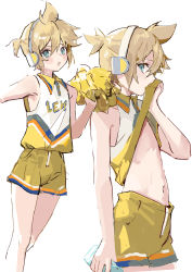 Rule 34 | 1boy, :o, absurdres, androgynous, bare legs, bishounen, blue eyes, blush, bottle, cheerleader, clothes lift, commentary, cowboy shot, feet out of frame, hair between eyes, highres, holding, holding bottle, kagamine len, lifting own clothes, long bangs, male focus, multiple views, navel, pom pom (cheerleading), shirt, shirt lift, shorts, sideways glance, simple background, sketch, sleeveless, sleeveless shirt, standing, symbol-only commentary, vocaloid, white background, wumumu, yellow shorts
