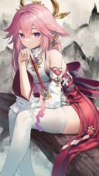 Rule 34 | 1girl, animal ears, bare shoulders, breasts, closed mouth, detached sleeves, dress, flippy (cripine111), fox ears, genshin impact, hair between eyes, highres, holding, holding staff, japanese clothes, light smile, looking at viewer, medium breasts, miko, nontraditional miko, pink hair, pink nails, purple eyes, red dress, sitting, smile, solo, staff, thighhighs, thighs, turtleneck, vision (genshin impact), white thighhighs, wide sleeves, yae miko