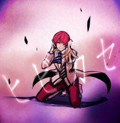 Rule 34 | 1boy, arsloid, bad id, bad pixiv id, coattails, hair over one eye, headphones, kneeling, male focus, ooyama (hnk1018), outstretched arm, pants, purple background, red hair, red pants, school uniform, smile, solo, tailcoat, vocaloid