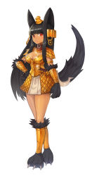 Rule 34 | 1girl, alternate costume, animal ears, animal hands, anubis (monster girl encyclopedia), arm at side, armlet, armor, belt collar, black hair, breasts, claws, cleavage, collar, commission, crossed legs, dark-skinned female, dark skin, full body, hand on own hip, highres, jewelry, long hair, looking at viewer, medium breasts, monster girl, monster girl encyclopedia, parted lips, pauldrons, red eyes, scale armor, shoulder armor, sickle, simple background, solo, sookmo, standing, tail, tail raised, very long hair, watson cross, weapon, white background