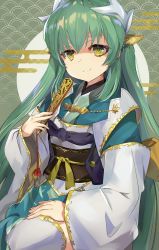 Rule 34 | 1girl, absurdres, blush, breasts, dragon girl, dragon horns, fate/grand order, fate (series), folding fan, green hair, hair ornament, hand fan, highres, holding, holding fan, horns, japanese clothes, kimono, kiyohime (fate), long hair, looking at viewer, multiple horns, open mouth, same (sendai623), sash, sitting, yellow eyes