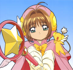 Rule 34 | 1girl, absurdres, bow, brown hair, cardcaptor sakura, child, closed eyes, green eyes, hat, highres, kero (cardcaptor sakura), kinomoto sakura, official art, open mouth, pink hat, scan, short hair, smile, v, yellow bow