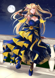 Rule 34 | 1girl, armpits, black bow, blonde hair, blue dress, blue footwear, bow, breasts, cleavage, closed mouth, dress, elbow gloves, fate testarossa, fingerless gloves, floating hair, flower, full moon, gloves, hair bow, hair flower, hair ornament, highres, large breasts, layered dress, long hair, looking at viewer, lyrical nanoha, mahou shoujo lyrical nanoha strikers, moon, night, outdoors, red eyes, sky, sleeveless, sleeveless dress, smile, solo, sougetsu izuki, star (sky), starry sky, twintails, very long hair, white flower