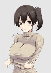 Rule 34 | 10s, 1girl, alternate costume, black hair, blush, breast hold, breasts, brown eyes, crossed arms, fuuma nagi, kaga (kancolle), kantai collection, large breasts, looking at viewer, ribbed sweater, short hair, side ponytail, signature, solo, sweater, turtleneck, twitter username, upper body