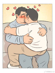 Rule 34 | 2boys, bara, couch, facial hair, fat, fat man, full body, glasses, goatee stubble, heart, highres, hua hua de xiao jie, kiss, loving aura, male focus, multiple boys, no eyes, on couch, original, pajamas, pants, round eyewear, short hair, sideburns, sideburns stubble, sitting, sitting on lap, sitting on person, stubble, thick eyebrows, yaoi