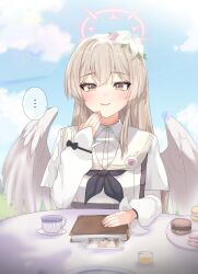 Rule 34 | ..., 1girl, angel wings, blue archive, blush, closed mouth, dress, feathered wings, flower, food, hair between eyes, hair flower, hair ornament, halo, hifumi (blue archive), highres, light brown hair, long hair, long sleeves, looking at viewer, nagisa (blue archive), oddman1234, pink flower, pink halo, smile, solo, spoken ellipsis, upper body, white dress, white flower, white wings, wings, yellow eyes