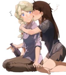 Rule 34 | 10s, 2girls, bad id, bad pixiv id, barefoot, blue eyes, blush, diana cavendish, drunk, ear licking, hands on feet, henpei saboten, highres, kagari atsuko, licking, little witch academia, long hair, looking at another, messy hair, multicolored hair, multiple girls, open mouth, simple background, white background, yuri