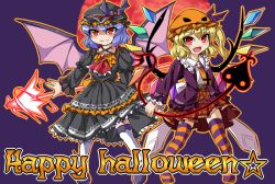 Rule 34 | &gt;:d, 2girls, :d, alternate costume, ascot, bat wings, blonde hair, blue hair, blush, brooch, fang, flandre scarlet, full moon, fun bo, gothic lolita, halloween, halloween costume, happy halloween, hat, jewelry, lace, lace-trimmed legwear, lace trim, laevatein, lolita fashion, marisa to alice no cookie storia, miniskirt, mob cap, moon, multiple girls, open mouth, plaid, plaid skirt, pumpkin hat, red eyes, red moon, remilia scarlet, siblings, side ponytail, sisters, skirt, slit pupils, smile, spear the gungnir, striped clothes, striped legwear, striped thighhighs, thighhighs, touhou, tsurime, v-shaped eyebrows, wings