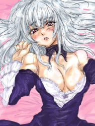 Rule 34 | 00s, 1girl, blush, breasts, cleavage, doll joints, dress, frills, joints, lips, long hair, looking at viewer, lying, off shoulder, osakana (denpa yun&#039;yun), pink eyes, red eyes, rozen maiden, solo, suigintou, tears, undressing, white hair