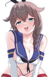 Rule 34 | 1girl, absurdres, animal ears, bare shoulders, black neckerchief, blue eyes, braid, breasts, brown hair, calin, cleavage, cosplay, elbow gloves, fake animal ears, gloves, hair between eyes, hair ornament, high-waist panties, highres, kantai collection, long hair, medium breasts, neckerchief, open mouth, rabbit ears, sailor collar, saliva, shigure (kancolle), shimakaze (kancolle), shimakaze (kancolle) (cosplay), sideboob, simple background, solo, striped clothes, striped thighhighs, thighhighs, tongue, tongue out, white background