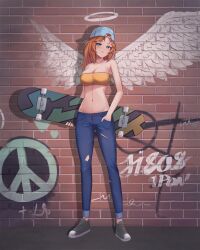Rule 34 | 1girl, backwards hat, bandeau, bare arms, bare shoulders, baseball cap, blue hat, blue pants, breasts, brick wall, cleavage, commentary, denim, drop shadow, full body, graffiti, green eyes, groin, hat, head tilt, highres, holding, holding skateboard, jeans, jisas, large breasts, long hair, looking at viewer, midriff, navel, orange hair, original, pants, shoes, skateboard, sneakers, solo, standing, stomach, strapless, torn clothes, torn pants, tube top