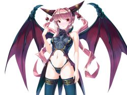 Rule 34 | 1girl, akuma no musume no utau melody, bare shoulders, blush, breasts, breasts apart, chiibou (shoukasen), demon horns, demon wings, embarrassed, female focus, flower, game cg, hand up, highres, horns, index finger raised, legs, long hair, looking at viewer, medium breasts, navel, original, panties, parted lips, pink hair, red eyes, rose, sleeveless, solo, standing, thighhighs, thighs, transparent background, twintails, underwear, wings