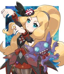 Rule 34 | 1girl, arms up, blonde hair, blue eyes, blush, border, brown pantyhose, caitlin (fall 2021) (pokemon), caitlin (pokemon), commentary request, creatures (company), detached sleeves, dress, eyelashes, fu (tk1189227dhy), game freak, gen 3 pokemon, hair ornament, jewelry, long hair, nintendo, official alternate costume, outside border, pantyhose, parted lips, pokemon, pokemon (creature), pokemon masters ex, ponytail, red ribbon, ribbon, ring, sableye, sidelocks, white border