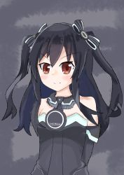 Rule 34 | bare shoulders, black hair, breasts, collar, danneko narou, dress, highres, long hair, neptune (series), red eyes, small breasts, smile, tsundere, twintails, two side up, uni (neptunia)