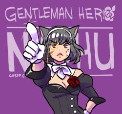 Rule 34 | &gt;:(, 10s, 1girl, animal ears, artist name, black hair, bow, bowtie, breasts, brown eyes, cat ears, character name, cheppo, cleavage, detached collar, facial mark, final fantasy, final fantasy xiv, flower, frown, hairband, hand on own hip, long sleeves, miqo&#039;te, nashu mhakaracca, pointing, puffy long sleeves, puffy sleeves, red flower, red rose, rose, short hair, simple background, solo, upper body, v-shaped eyebrows