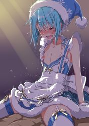 Rule 34 | 1boy, 1girl, bare shoulders, blue hair, blush, closed eyes, collarbone, dress, faceless, faceless male, flat chest, garter straps, genderswap, genderswap (mtf), girl on top, hair between eyes, highres, muscular, muscular male, nipples, no bra, open mouth, pom pom (clothes), rimuru tempest, sex, straddling, teeth, tensei shitara slime datta ken, thighhighs, upper teeth only, white thighhighs, yuto (dialique)
