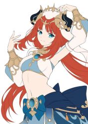 Rule 34 | 1girl, arm up, armpits, blue eyes, blue skirt, breasts, brooch, commentary request, crop top, fake horns, genshin impact, horns, jewelry, long hair, looking at viewer, midriff, minamo (adech-pro), navel, neck ring, nilou (genshin impact), red hair, simple background, skirt, small breasts, smile, solo, stomach, unfinished, upper body, veil, very long hair, white background