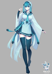 Rule 34 | 1girl, blue bow, blue eyes, blue footwear, blue hair, blue hairband, blue nails, blue necktie, blue ribbon, blue sailor collar, blue shirt, blue skirt, blush, boots, bow, breasts, buttons, closed mouth, collarbone, creatures (company), female focus, full body, game freak, gen 4 pokemon, glaceon, grey background, hair between eyes, hairband, highres, leg up, light blush, looking at viewer, medium breasts, merlusa, miniskirt, multicolored hair, nail polish, necktie, nintendo, personification, pokedex number, pokemon, pokemon (creature), ribbon, sailor collar, shirt, simple background, skindentation, skirt, solo, standing, standing on one leg, thigh boots, thighhighs, thighs, two-tone hair, wide sleeves, zettai ryouiki