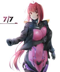 Rule 34 | 1girl, ahoge, black gloves, black jacket, breasts, covered navel, cureecoolan, fortified suit, gloves, hair intakes, jacket, jacket on shoulders, kagami sumika, large breasts, long hair, looking at viewer, muv-luv, muv-luv alternative, pilot suit, red eyes, red hair, skin tight, solo, very long hair, white background