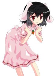 Rule 34 | 1girl, alphes (style), animal ears, black hair, carrot, dress, female focus, highres, inaba tewi, jewelry, leaning forward, parody, pendant, pikapon, rabbit ears, rabbit girl, rabbit tail, red eyes, short hair, smile, solo, style parody, tail, touhou, transparent background