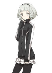 Rule 34 | 1girl, arm at side, bob cut, drill hair, eyelashes, frilled skirt, frills, grey eyes, grey hair, hairband, hand on own chest, himekouji yuki, jacket, looking at viewer, ring dream, short hair, simple background, skirt, sleeves past wrists, smile, solo, striped, track jacket, vertical stripes, white background, yorumura shiro, zipper