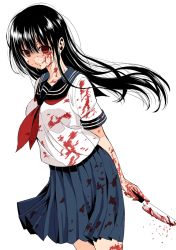 Rule 34 | 1girl, :q, arms behind back, attsun (atsushi jb), black hair, blood, blood on arm, blood on clothes, blood on face, bloody knife, blouse, blue skirt, closed mouth, holding, holding knife, knife, neckerchief, original, pleated skirt, red eyes, school uniform, serafuku, shaded face, shirt, simple background, skirt, smile, solo, tongue, tongue out, white background, white shirt, yandere