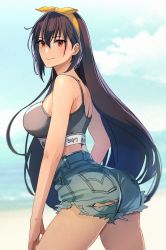 Rule 34 | 1girl, alternate costume, black hair, blue sky, breasts, closed mouth, cloud, commentary request, cowboy shot, cutoffs, dark-skinned female, dark skin, denim, denim shorts, grey shorts, hairband, highres, kantai collection, kasumi (skchkko), large breasts, long hair, looking at viewer, nagato (kancolle), red eyes, shorts, sky, solo, sports bra, yellow hairband