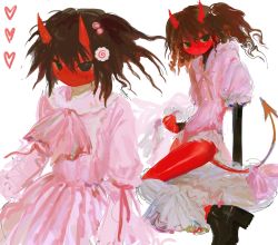 Rule 34 | 1girl, :|, absurdres, boots, borrowed character, brown hair, buttons, closed mouth, colored skin, commentary, demon girl, demon horns, demon tail, dress, english commentary, food, frilled dress, frills, hair ornament, heart, highres, horns, kamaboko, leotard, light blush, looking at viewer, multiple views, narutomaki, original, pink dress, red skin, rutherforidium, short hair, solo, tail, thighs