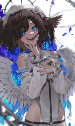 Rule 34 | 1girl, :d, absurdres, bare hips, bare shoulders, black wings, blue eyes, blue flower, blue nails, blush, brown hair, chain, cowboy shot, cross, cuffs, detached sleeves, dress, feathered wings, flower, handcuffs, head wings, highres, long sleeves, looking at viewer, multiple wings, nail polish, open mouth, original, pelvic curtain, petals, short hair, smile, teeth, upper teeth only, veil, white background, white dress, white wings, wings, ye jji
