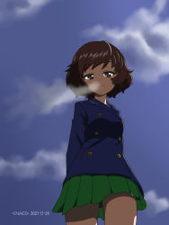Rule 34 | 1girl, akiyama yukari, arms behind back, artist name, blue jacket, blue sky, breath, brown eyes, brown hair, buttons, closed mouth, cloud, cloudy sky, commentary, cowboy shot, dark, dark skin, dated, double-breasted, from below, frown, girls und panzer, green skirt, half-closed eyes, highres, jacket, looking at viewer, messy hair, miniskirt, naotosi, ooarai school uniform, outdoors, pleated skirt, sailor collar, school uniform, short hair, skirt, sky, solo, standing, twilight, winter uniform