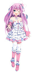 Rule 34 | 1girl, blue eyes, blush, boots, bow, breasts, cleavage, collarbone, detached collar, detached sleeves, dress, frills, full body, hair bow, hairband, highres, knee boots, long hair, long sleeves, looking at viewer, medium breasts, one eye closed, open mouth, original, outstretched arm, short dress, simple background, smile, solo, standing, thighhighs, twintails, white background, white thighhighs, yukiuta sahiro, zettai ryouiki