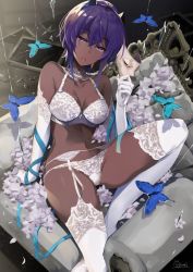Rule 34 | 1girl, arm support, blush, bra, breasts, bug, butterfly, choker, cleavage, collarbone, dark-skinned female, dark skin, earrings, elbow gloves, fate/grand order, fate (series), garter belt, garter straps, gloves, hair between eyes, hassan of serenity (fate), hirai yuzuki, holding, holding mask, horns, insect, jewelry, knee up, lace, lace-trimmed gloves, lace-trimmed legwear, lace bra, lace choker, lace panties, lace trim, mask, medium breasts, navel, panties, parted lips, purple eyes, purple hair, short hair, sidelocks, sitting, skull, skull mask, solo, stomach, thighhighs, underwear, underwear only, white bra, white gloves, white panties, white thighhighs