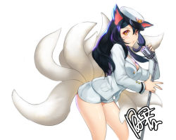 Rule 34 | 1girl, ahri (league of legends), alternate costume, animal ears, backlighting, black hair, blush, breasts, buttons, cleavage, cosplay, cowboy shot, dakun, eyeshadow, facial mark, fox ears, fox tail, from side, generation ahri, girls&#039; generation, hair between eyes, hat, holding, large breasts, league of legends, leaning forward, long hair, long sleeves, looking at viewer, makeup, microphone, microphone stand, military, military uniform, multiple tails, naval uniform, orange eyes, parted lips, peaked cap, pocket, short shorts, shorts, signature, simple background, solo, tail, uniform, very long hair, whisker markings, white background