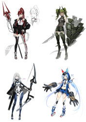 Rule 34 | 4girls, absurdres, animal ears, arrow (projectile), asymmetrical legwear, bandaged arm, bandages, bare shoulders, black capelet, black jacket, black legwear, black neckwear, blue eyes, blue hair, blush, bow (weapon), capelet, closed mouth, colored skin, cyberpunk, dog tags, fake animal ears, gauntlets, gloves, green hair, grey hair, hair between eyes, hand on own hip, high heels, highres, holding, holding bow (weapon), holding polearm, holding shield, holding spear, holding sword, holding weapon, hood, hood up, horns, id card, injury, jacket, long hair, mechanical arms, mechanical tail, medium hair, mismatched legwear, multiple girls, navel, necktie, off shoulder, open mouth, original, oversized zipper, parted lips, polearm, purple eyes, quiver, red eyes, red hair, scratches, see-through, sharp teeth, shield, simple background, single mechanical arm, sketch, smile, soyoong jun, spear, standing, sword, tail, teeth, thighhighs, turtleneck, twintails, upper teeth only, very long hair, weapon, white background, white skin, yellow eyes, zipper, zipper pull tab