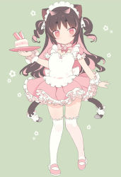 Rule 34 | 1girl, alternate costume, animal ears, apron, black hair, blade (galaxist), blush, cat ears, cat girl, cat tail, closed mouth, commentary request, dress, enmaided, food, frilled dress, frilled thighhighs, frills, highres, holding, holding tray, long hair, looking at viewer, maid, maid day, maid headdress, multicolored hair, multiple tails, nekoyama nae, over-kneehighs, pink dress, pink footwear, pink hair, pleated dress, puffy short sleeves, puffy sleeves, red eyes, shoes, short eyebrows, short sleeves, solo, tail, thick eyebrows, thighhighs, toranoana, tray, two-tone hair, two side up, two tails, very long hair, virtual youtuber, white apron, white thighhighs