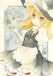 Rule 34 | 1girl, apron, blonde hair, blue background, border, bow, braid, buttons, female focus, hair bow, hat, hat ribbon, head tilt, high collar, kagome f, kirisame marisa, long hair, looking at viewer, marker (medium), open hand, painting (medium), pantyhose, ribbon, single braid, skirt, solo, star (symbol), striped clothes, striped pantyhose, touhou, traditional media, vest, waist apron, watercolor (medium), witch hat, yellow eyes