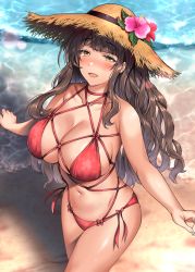 Rule 34 | 1girl, :d, absurdres, aldehyde, bare arms, bare shoulders, beach, bikini, breasts, brown eyes, brown hair, brown hat, caustics, choker, cleavage, day, flower, hat, hat flower, highres, huge breasts, huge filesize, long hair, looking at viewer, multi-strapped bikini, navel, open mouth, original, outdoors, red bikini, shadow, side-tie bikini bottom, smile, solo, stomach, straw hat, string bikini, sunlight, swimsuit, water