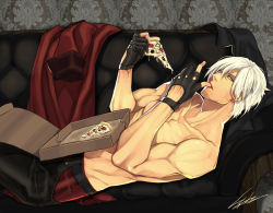 Rule 34 | 1boy, blue eyes, capcom, couch, dante (devil may cry), devil may cry (series), eating, fingerless gloves, food, gloves, hiryuu, lying, male focus, pizza, topless male, solo