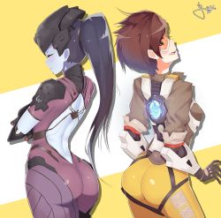 Rule 34 | 2girls, 714 (leg200kr), ass, blue skin, bodysuit, bomber jacket, brown eyes, brown hair, colored skin, closed eyes, from behind, from side, jacket, looking at viewer, looking back, multiple girls, overwatch, overwatch 1, ponytail, purple hair, short hair, signature, smile, thighs, tracer (overwatch), widowmaker (overwatch)
